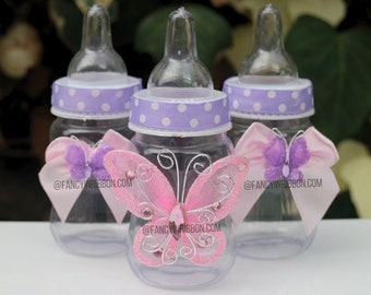 12 Butterfly Lavender & Pink Themed Baby Shower Party Favor Bottles - Baby Shower Games - Party Decorations