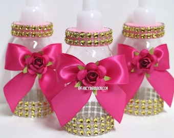 12 Hot Pink and Gold Floral Themed Baby Shower Party Favors Bottles - Baby Shower Games - Party Decorations