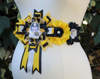 Football Baby shower maternity sash belly sash sports mommy to be yellow black silver floral ribbon corsage