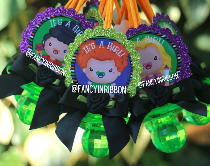 Featured listing image: 12 Halloween witches It's a girl Baby Shower Pacifier Necklaces - Baby Shower Games