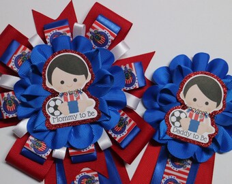 Mexican Soccer baby boy baby shower mom to be corsage pin - sports baby shower - football
