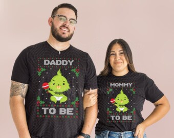 Ugly Christmas Baby Rattle Baby Shower Mommy to be Tshirt - Daddy to be - mean one green red heart