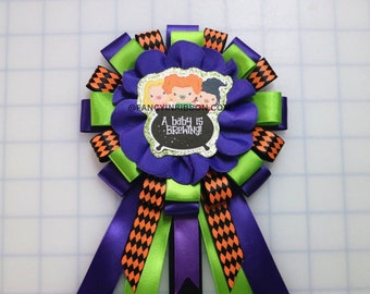 Halloween baby is brewing witches pumpkin Baby Shower mommy to be Themed ribbon corsage pin