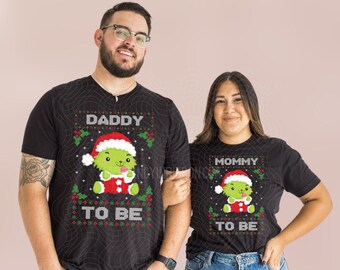Ugly Christmas Baby Santa Claus Baby Shower Mommy to be Tshirt - Daddy to be - mean one green red heart