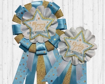 Twinkle Twinkle Little Star White, Baby Blue, Gold Baby Shower pin - We are over the moon corsage pin - Moon and Stars