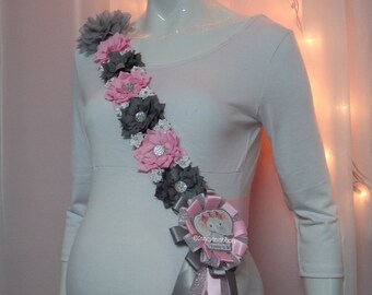 Baby Pink, Gray Floral Baby Elephant Baby Shower Mommy to Be Corsage Belly Sash