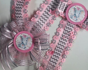 Baby Pink, Gray, Chevron Baby Elephant Baby Shower Mommy to Be Corsage Belly Sash