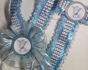 Baby Blue, Gray, Chevron Baby Elephant Baby Shower Mommy to Be Corsage Belly Sash