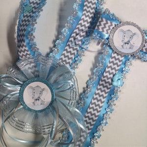 Baby Blue, Gray, Chevron Baby Elephant Baby Shower Mommy to Be Corsage Belly Sash