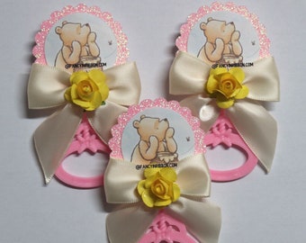 Bear Baby Pink & Yellow Baby Shower Guest Pins - baby shower rattles - Guest Pins - Guest Favors - Grandparent Pins - teddy bear