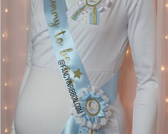 Twinkle Twinkle Little Star Baby Blue & Gold Baby Shower Mommy to be Sash  - Moon and Stars Lamb counting sheep - It's a boy!