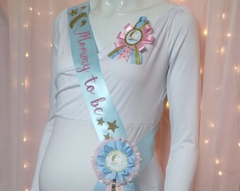 Twinkle Twinkle Little Star Baby Pink, Baby Blue & Gold Baby Shower Gender Reveal Mommy to be Sash  - Moon and Stars Lamb counting sheep