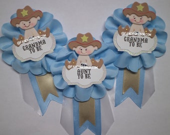 Baby Boy Cowboy Western Themed Baby Blue White Light Brown Guest Pins - Grandma to be - Sister to be