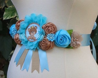 Blue Bear Baby Shower, Teddy Bear Blue brown Flower Sash, Teddy Bear Corsage Pin, Bear Mommy To Be, Mama bear prince