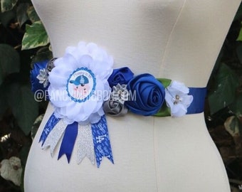 Baseball Maternity Sash, Royal Blue Maternity Sash, Sports mommy to be ribbon flower belly sash