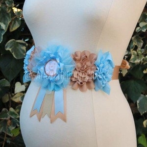 Baby Bear Baby Shower, Teddy Bear Sash, Baby blue & light brown, Bear Mommy To Be, floral maternity belly sash balloon bears