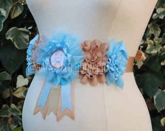 Baby Bear Baby Shower, Teddy Bear Sash, Baby blue & light brown, Bear Mommy To Be, floral maternity belly sash balloon bears