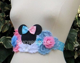 Gender Reveal Baby Shower Mommy to be Corsage ribbon maternity sash - belly sash - mouse baby shower team boy team girl pink blue