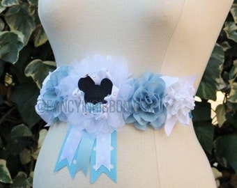Baby Blue & White Mouse Bowtie Baby Shower Mommy Floral Maternity belly Sash