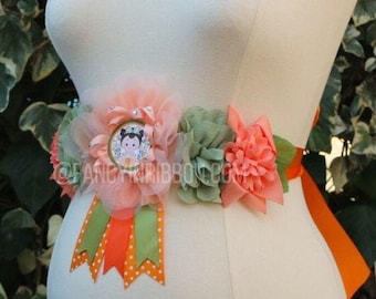 Hey Cutie Baby Girl Orange Baby Shower Floral Mommy to be maternity belly sash Clementine