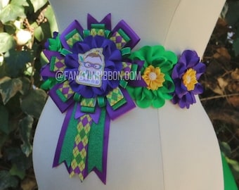 Mardi Gras Baby shower Girl - Mommy to be Green Yellow Purple Flower Sash, Green Yellow Purple Sash, Mardi Gras New Orleans