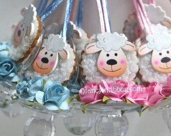 12 Pink and Blue Mix Twins/Gender Reveal Sheep / baby Lamb Themed Baby Shower Pacifier Necklaces - Baby Shower Games