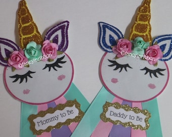 Baby Unicorn Baby Shower Mommy and Daddy to Be Corsage Pin Set