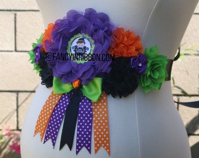 Featured listing image: Baby is Brewing Halloween Witch Spiders Baby Shower Baby Girl Mommy to be maternity floral belly sash