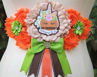 Halloween Pumpkin Unicorn Baby Shower Little Baby Girl Pumpkin mommy to be pin baby shower sash - maternity sash