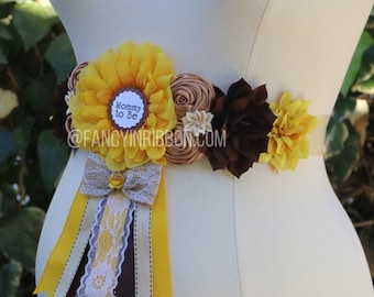 Rustic Sunflower Maternity Sash, Yellow Burlap Brown Flower Sash, Baby Shower Belly Sash, Maternity Sunshine