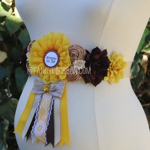 Rustic Sunflower Maternity Sash, Yellow Burlap Brown Flower Sash, Baby Shower Belly Sash, Maternity Sunshine