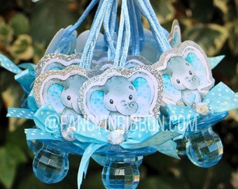 12 Elephant Baby Shower Pacifier Necklaces Blue & Gray Baby Boy - Baby Shower Games - Party Decorations