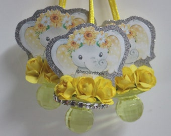 12 Elephant Baby Shower Pacifier Necklaces Yellow & Gray Sunflower Baby Girl - Baby Shower Games - Party Decorations