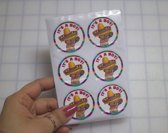 24 Fiesta Mexicana Baby boy with rattle "It's a Boy" Baby Shower Stickers