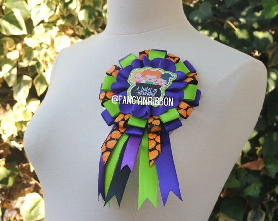 Halloween baby is brewing witches pumpkin Baby Shower mommy to be Themed ribbon corsage pin