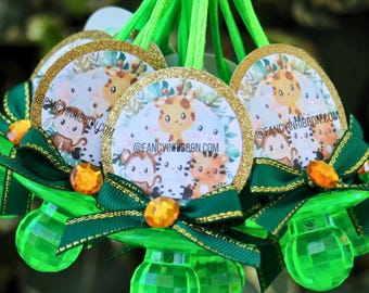 12 Green Gold Safari Jungle Animal Baby Shower Pacifier Necklaces - Baby Shower Games - Party Decorations