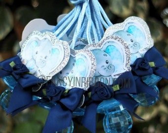 12 Elephant Baby Shower Pacifier Necklaces Blue & Gray Navy Baby Boy - Baby Shower Games - Party Decorations