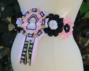 Pink black white galaxy space girl baby shower maternity sash floral sash belly sash ribbon corsage