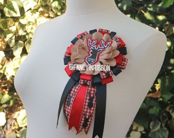 Rustic Lumber Jack Buffalo Oh Deer Buffalo Plaid Bear  Red Black Khaki mommy to be ribbon corsage