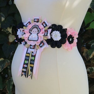 Pink black white galaxy space girl baby shower maternity sash floral sash belly sash ribbon corsage