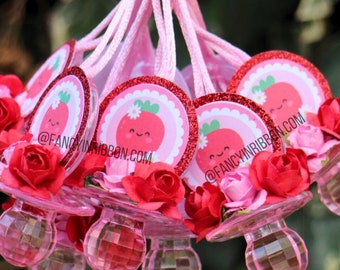 12 Strawberry Pink & Red Themed Baby Shower Pacifier Necklaces - Baby Shower Games - Party Decorations coquette bows roses