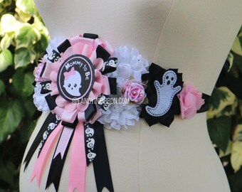 Pink Ghost Boo Halloween Baby Shower Mommy to be floral maternity sash its a ghoul