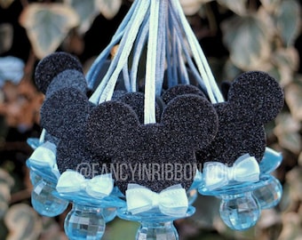 12 Baby Blue Bow Mouse Themed Baby Shower Pacifier Necklaces - Baby Shower Games - Party Decorations