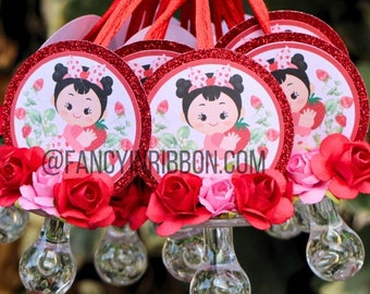12 Strawberry Pink & Red Themed Baby Shower Pacifier Necklaces - Baby Shower Games - Party Decorations coquette bows flowers roses