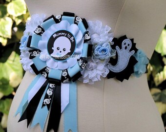 Ghost Boo Halloween Baby Shower Mommy to be pin -  its a boo-y blue floral maternity sash