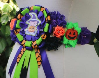 Halloween baby witch pumpkins baby is brewing Baby Shower mommy to be Themed ribbon corsage floral maternity sash