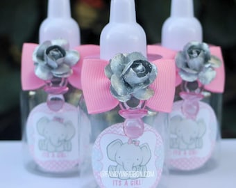 10 Mini Pink Gray Elephant Baby Shower Favors – Decorated Party Bottles - It's a Girl