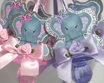 12 Elephant Baby Shower Pacifier Necklaces Lavender & Gray - Pink Baby Girl Elephant Baby Girl - Baby Shower Games - Party Decorations