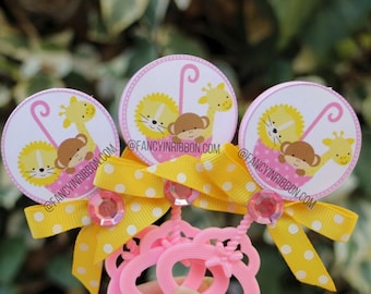 12 Baby Pink & Yellow Safari jungle  animals Baby Shower Guest Pins - baby shower rattles - Guest Pins - Guest Favors