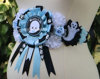 Ghost Boo Halloween Baby Shower Mommy to be pin -  its a boo-y blue floral maternity sash